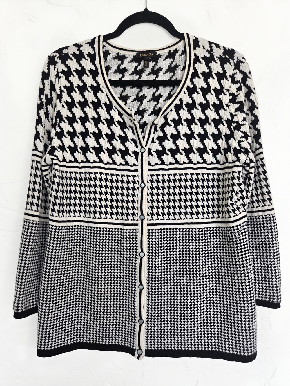 ESCADA Houndstooth Black White Snap Up Cardigan Sweater, L